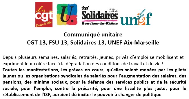 Manifestation du 26/01/2019, Vieux-Port à 14h – FSU 13, CGT 13, Solidaires 13, UNEF Aix-Marseille